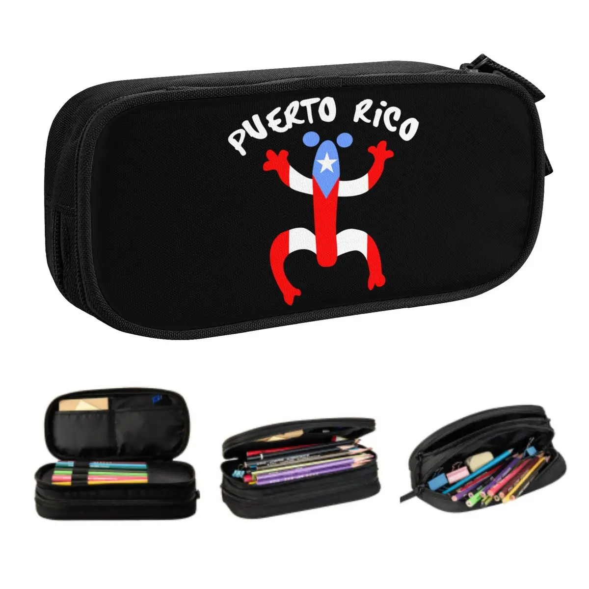 Custom Cute Puerto Rico Taino Coqui Boricua Flag Pencil Case for Boys Gilrs Large Capacity Pencil Box School Accessories