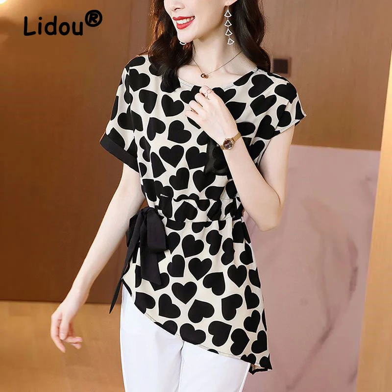 

Elegant Chic Lace Up Love Print Short Sleeve Asymmetric Tunic Shirts Summer 2023 New Korean Fashion Slim Tops Blouses for Women