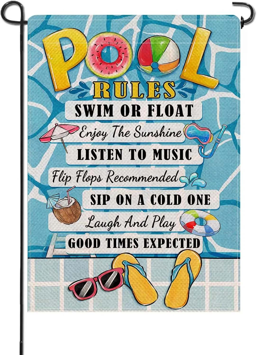 Artofy Summer Pool Rules Small Decorative Garden Flag, Flip Flops Swim Ring Ball Sunglasses Yard Lawn Outside Decor, Seasonal Bu