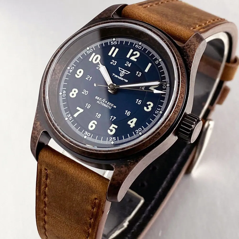 Tandorio Sapphire Crystal 36mm Retro Pilot Case Electroplated-Copper NH35 Movement Automatic Men Watch 20ATM Diving Waterproof - Image 4