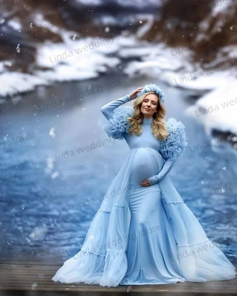 Illusion Sky Blue Maternity Dresses for Women Ruffles Full Sleeves Vestidos De Noche  Babyshower Gowns for Photography Props