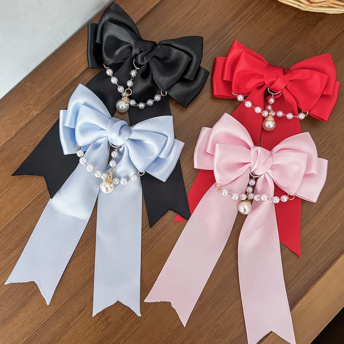 24pc Satin Ribbon Bow Hair Clips with Long Tassels for Women And Girls Pearl Trim Side Hairgrips Headwear Bulk Pack