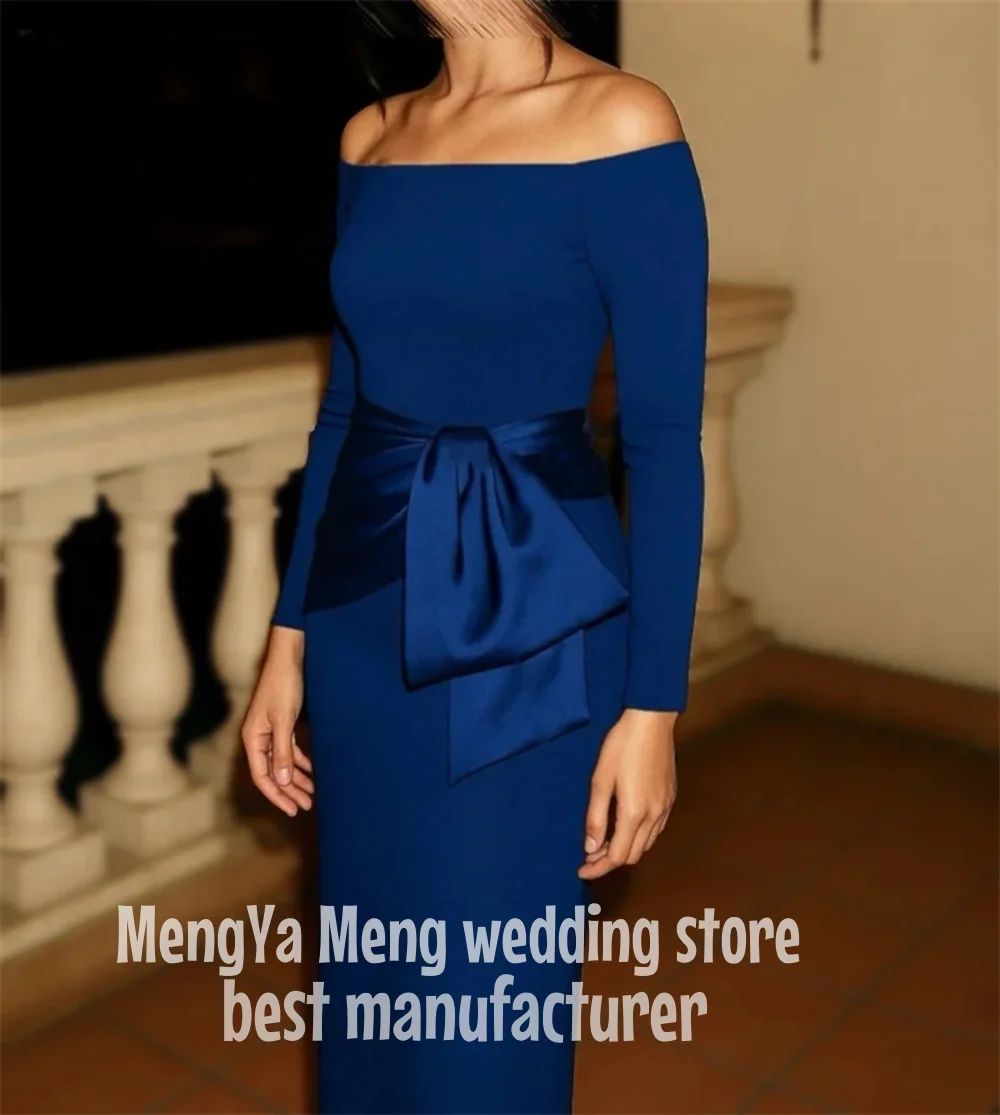 Customized Modern Blue Jersey Evening Dress Temperament Boat Neck Off the Shoulder Long Sleeves Party Dress Soft Celebrity Gowns