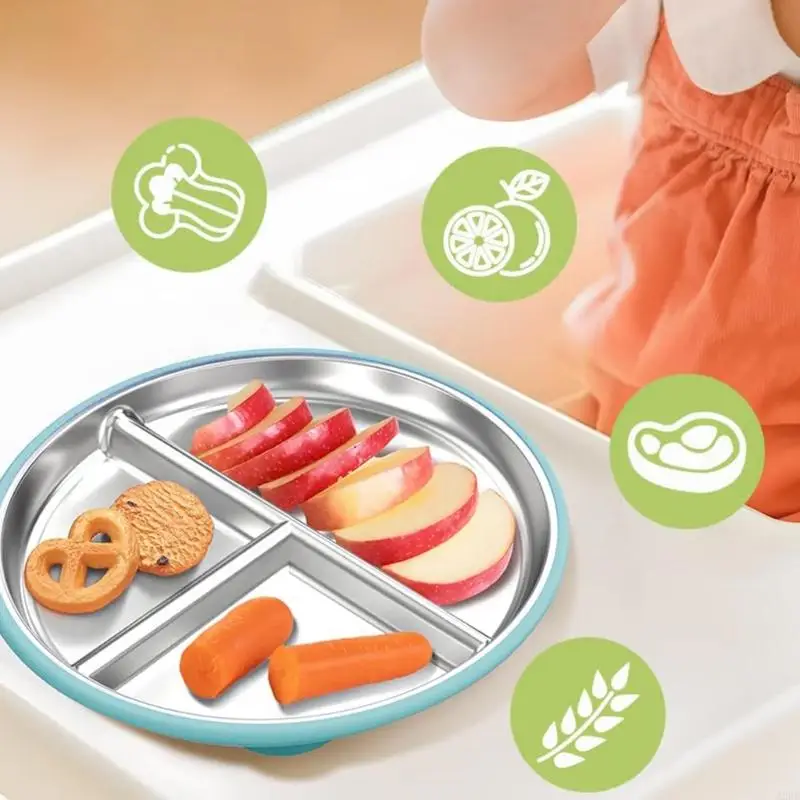 2pcs Suction Cup Stainless Steel Baby Plates with Removable Sleeve Multiple Compartments for Toddler Meals Easy to Clean A2UB