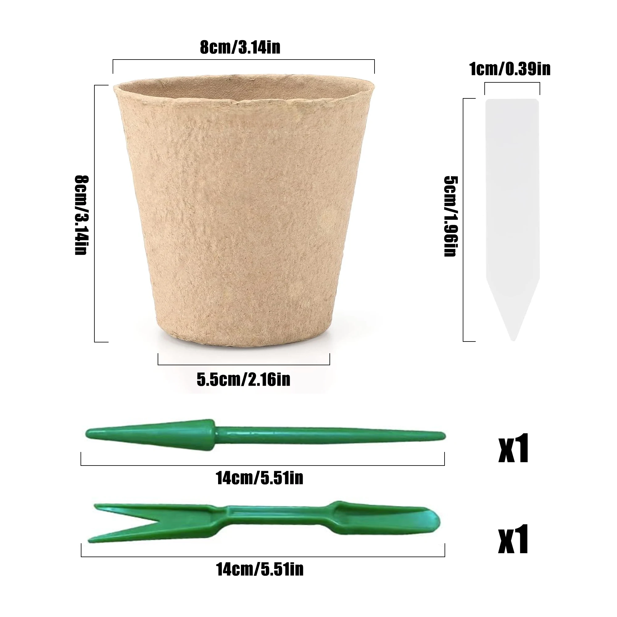Pots biodégradables, 100 pots de semis de plantes de 8 CM, avec 100 étiquettes de plantes + 2 outils de transplantation, pour plantes et fleurs