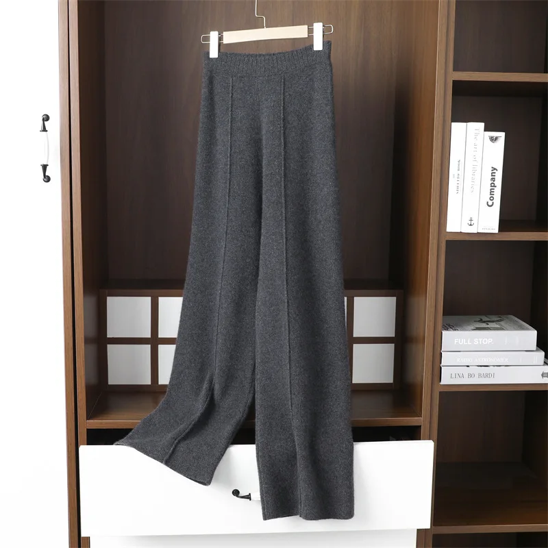 Pantaloni Casual Slouchy 100% lana indossati pantaloni a gamba larga lavorati a maglia di lana pantaloni Casual cadenti invernali a vita alta da