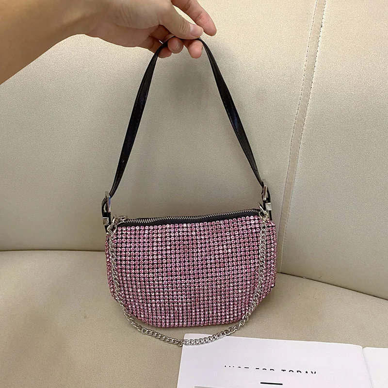 

Light Luxury Shiny Diamonds One Shoulder Bags 2025 Women's Elegant Fashion Chains Party Handbags New Chic Underarm Bag