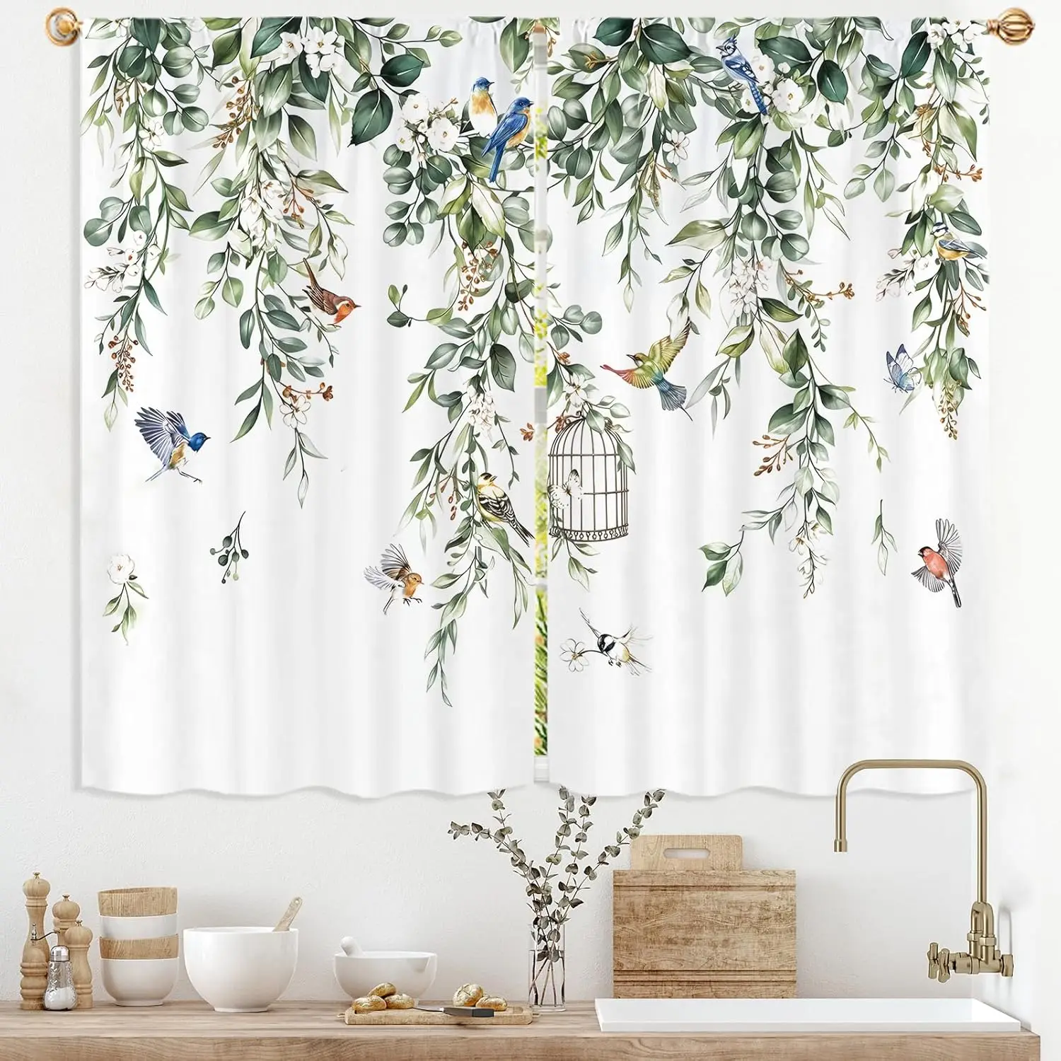 Elegant Botanical Leaf and Bird Pattern Curtain Pair 2pcs Cottagecore Woodland Nature Curtains for Window Home Decor