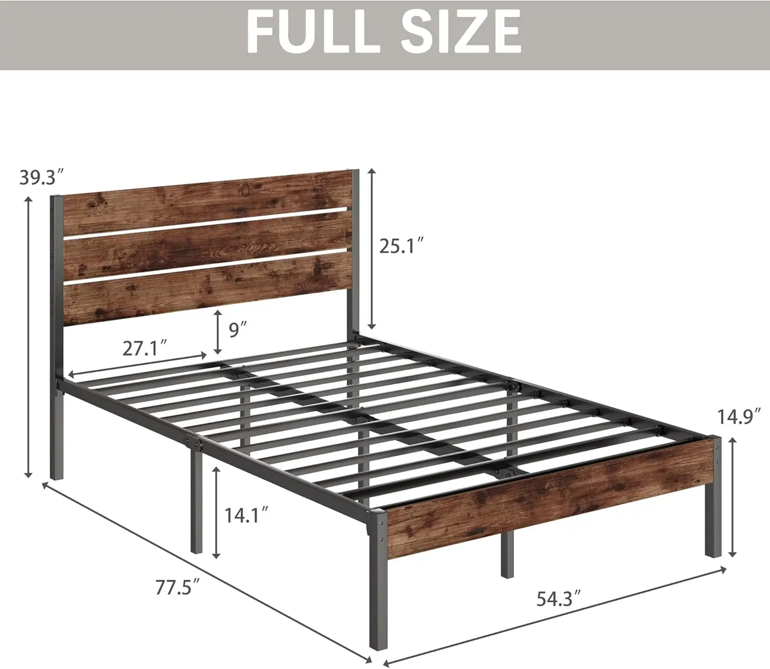 Estructura de cama completa con cabecera y, estructura de cama completa de metal con almacenamiento debajo de la cama, sistema de soporte totalmente metálico, sin caja