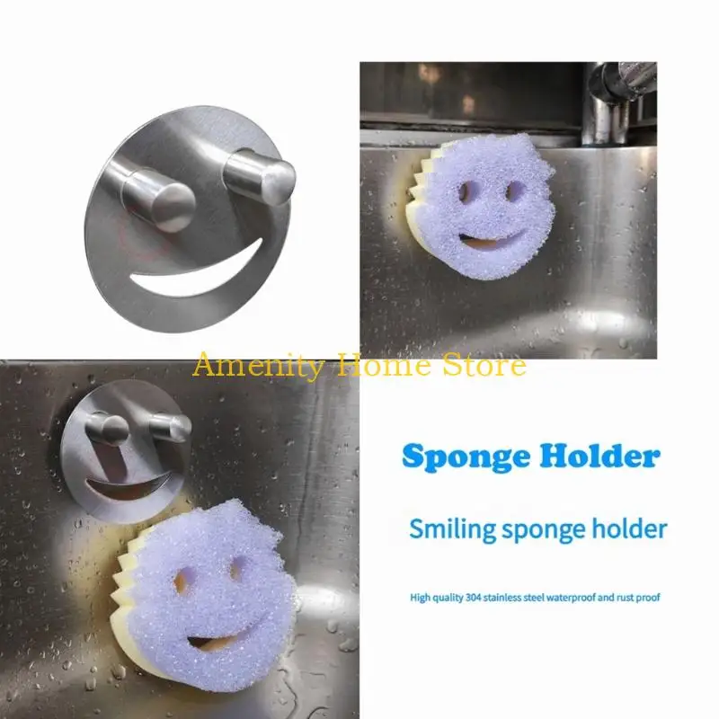 F26C Stainless Steel Smiling Face Sponge Rack Bathroom Storage Holder Easy Installation Sink Shelf for Kitchen