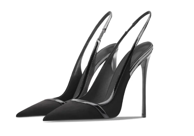 

Black suede high-heeled sandals with shallow mouth, pointed toe, and slender heel, exuding a banquet atmosphere. One foot sole