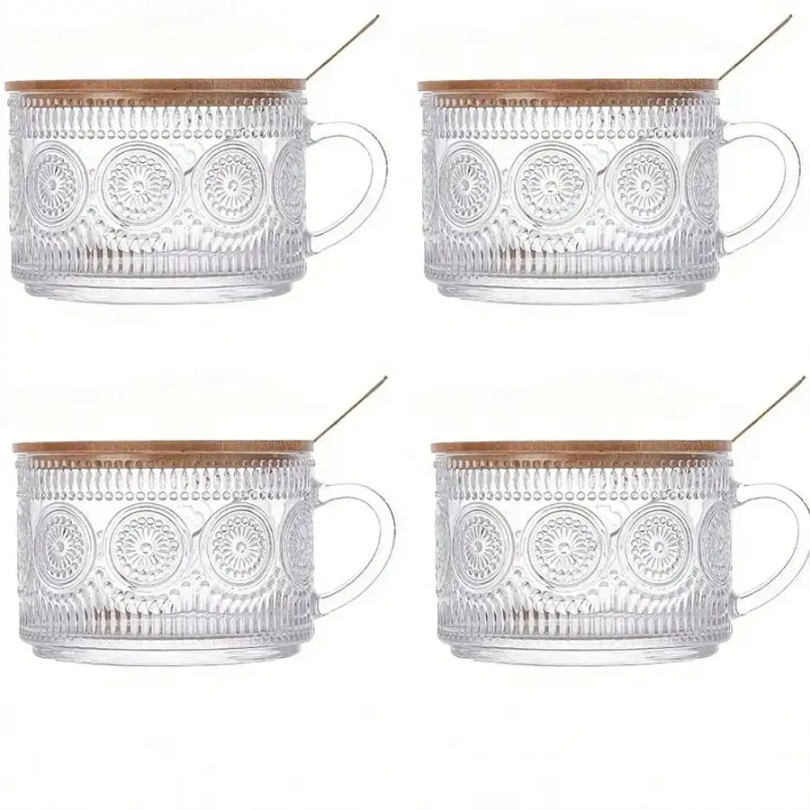 

4-Piece 450ml Overnight Oat Glass Jars - Bamboo Lids & Spoons, Coffee Bar & Holiday Gift Set