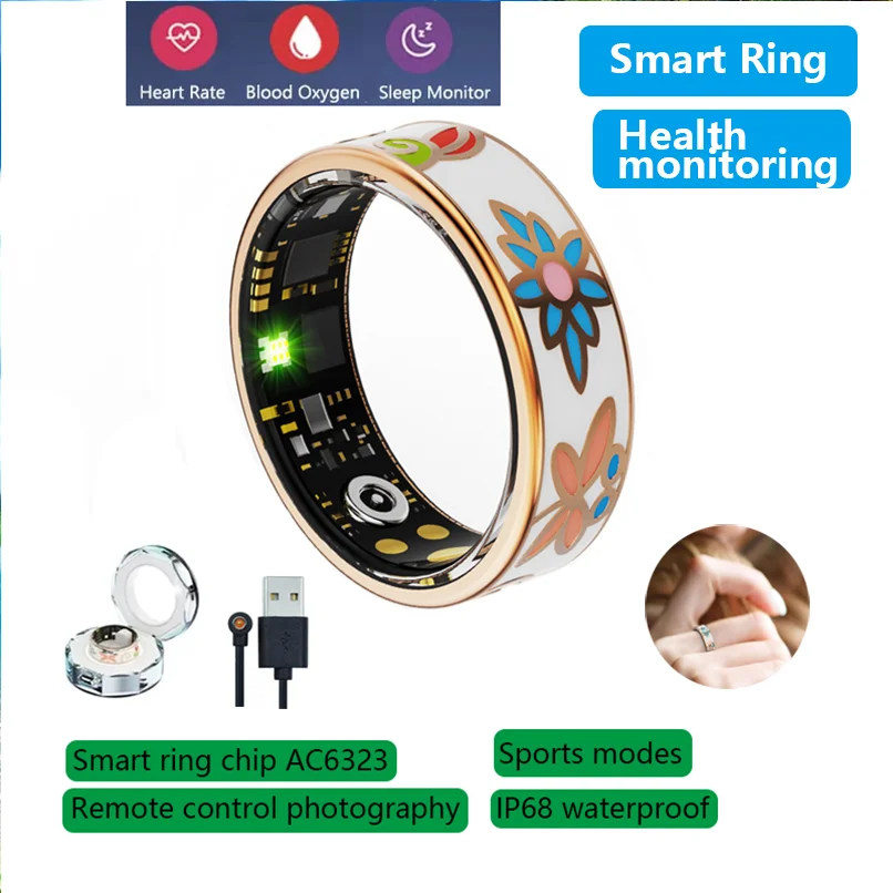 

Смарт-кольцо с чехлом для зарядки, менеджер здоровья, монитор сердечного ритма, кислорода в крови, монитор сна, мультиспортивный режим, IP68, водонепроницаемый для женщин