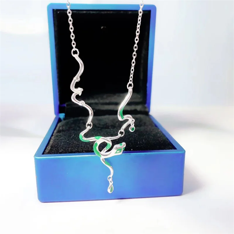 Original pure silver 999 enamel green spirit snake women's necklace with personality and versatile pendant collarbone chain