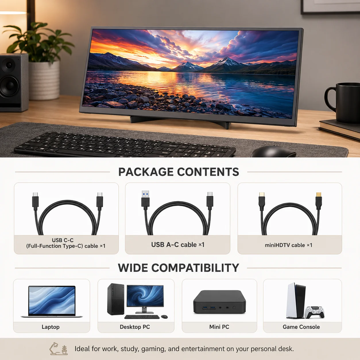 LESOWN 14.1 inch Long Portable Monitor 4K Ultra Wide Touch Screen Capacitive USB C HDMI IPS Laptop PC External LCD Monitor