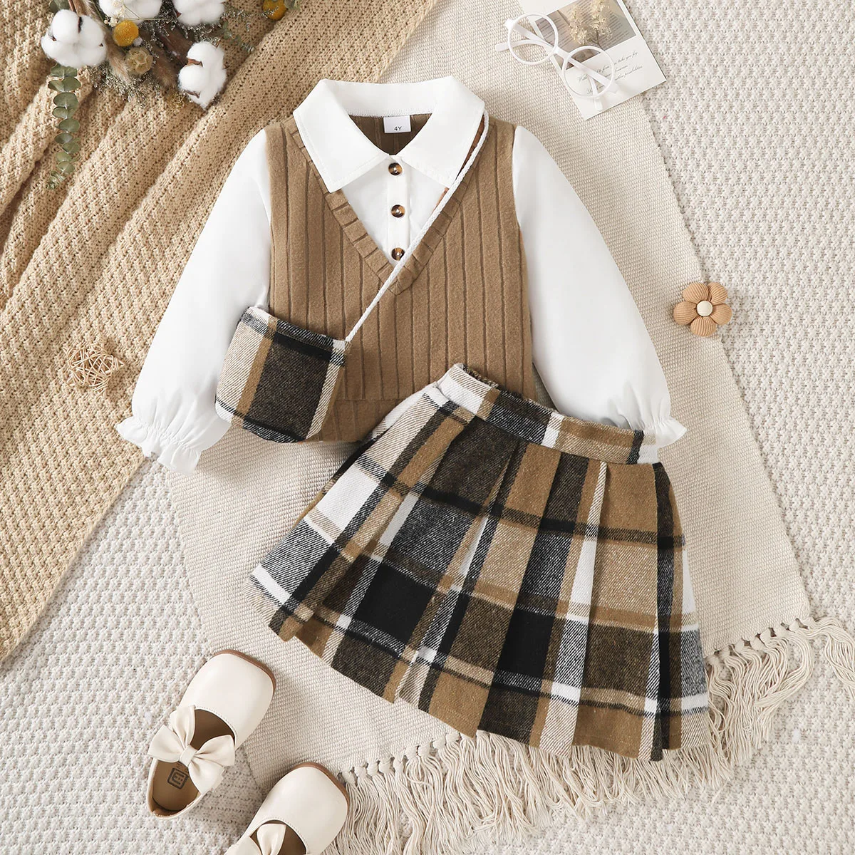 3Pcs Children Girl Set Splicing Fake Two Piece Top+Checkered Skirt+Mini Bag Set Suitable Girls 4-7 Year Autumn College Style Set