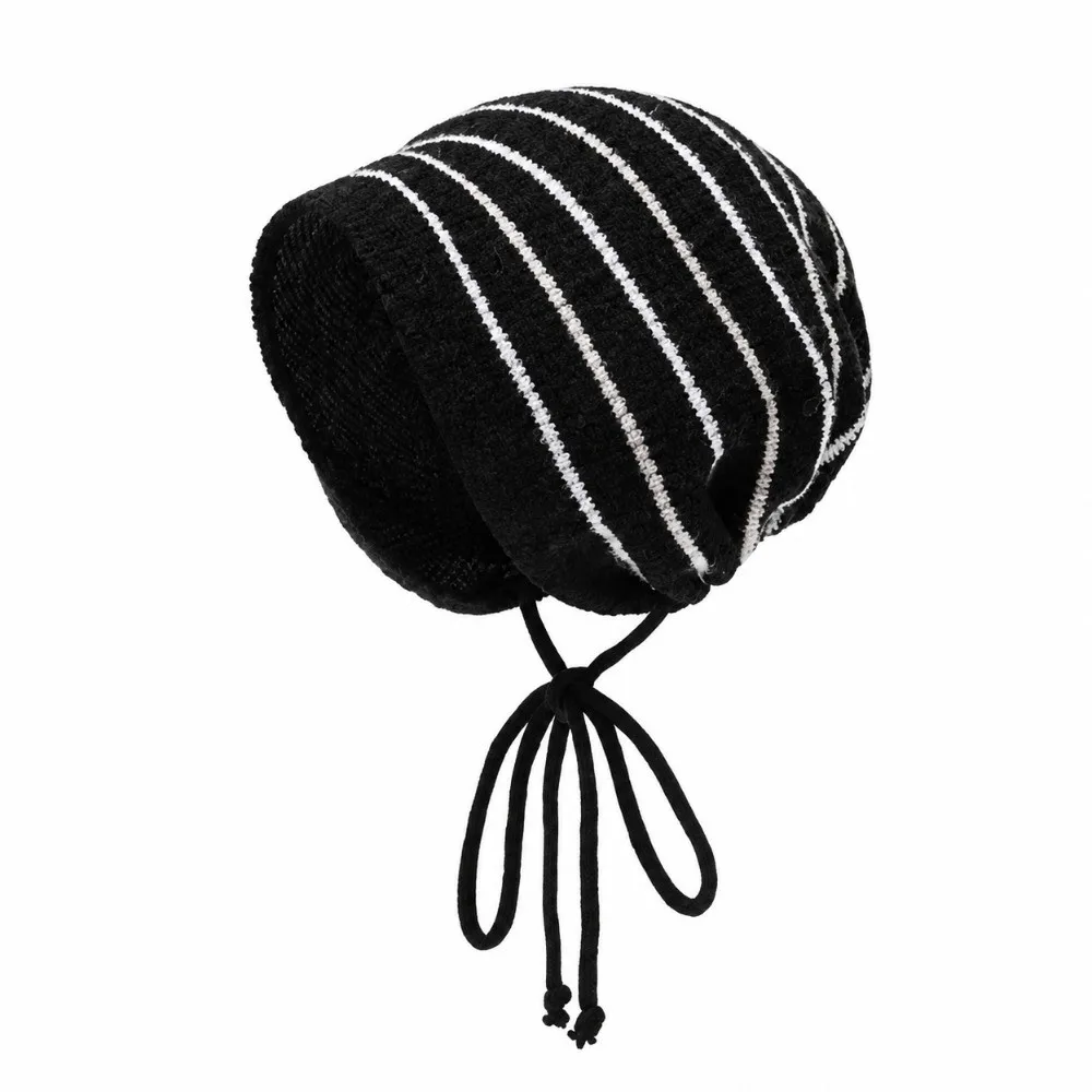 Loose Fit Striped Beanie Hat Thick Warm Korean Style Tie Strap Cap Ear Protection Stretchy Slouchy Hat Chilly Days