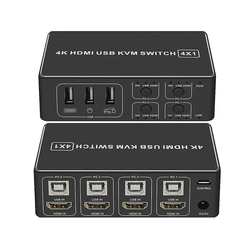 

4K@60Hz HDMI KVM Switch 4 in 1 out HDMI USB KVM Selector Switcher 4x1 with 4-Port USB Hub for 4 PC Share Monitor Mouse Keyboard