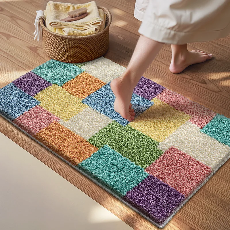 Simple Colorful Grid Bathroom Mat, Thick Flocked Bath Mat, Absorbent Anti-Bacterial Anti-Slip, Korean Dopamine Style Soft Decor
