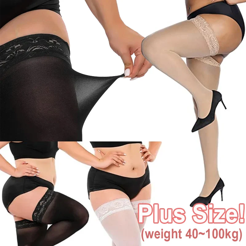 

Plus Size Women Sexy Thigh High Long Socks Plus Size Black White Lace Top Over Knee High Silk Stockings Elastic Anti-slip Sock