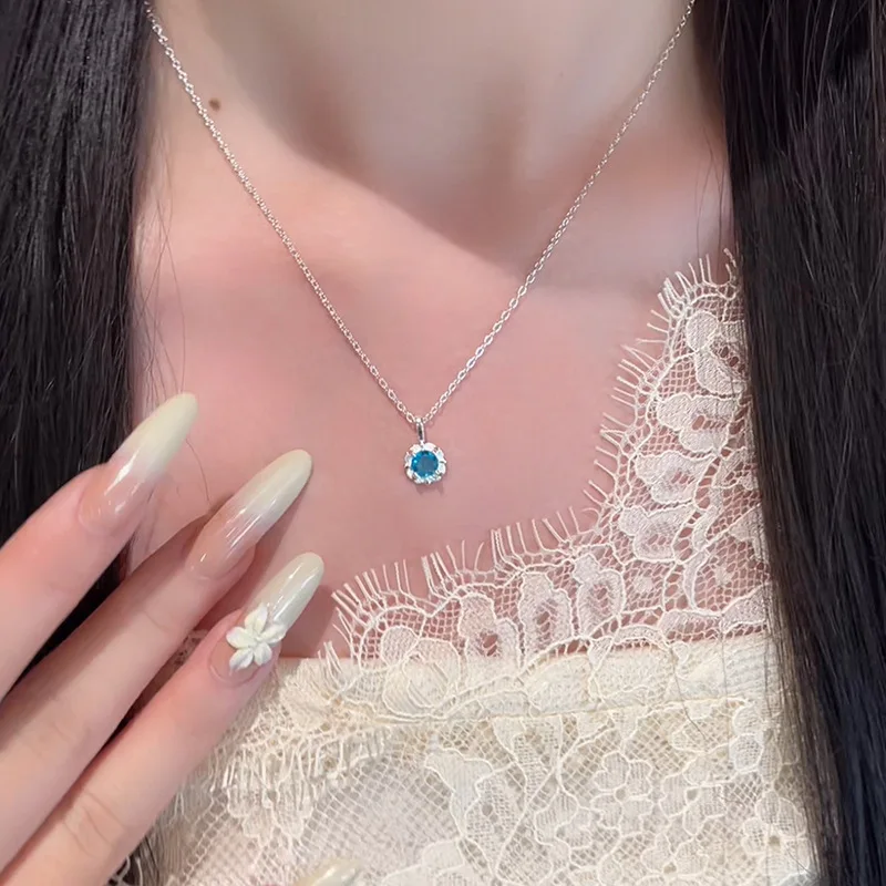 925 فضة الأزرق الزركون كريستال زهرة قلادة قلادة للنساء المختنق سلسلة الزفاف حفلة خطوبة مجوهرات هدية #5