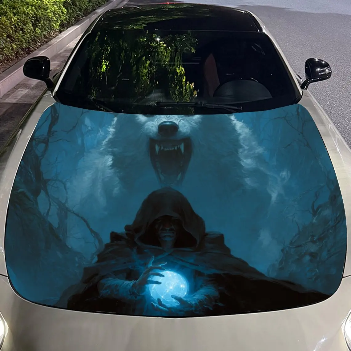 شخصيات غامضة بغطاء للرأس وملصق غطاء محرك السيارة الذئاب، طبقة غطاء حماية شخصية محرك PVC متينة، سهلة التركيب وات #4