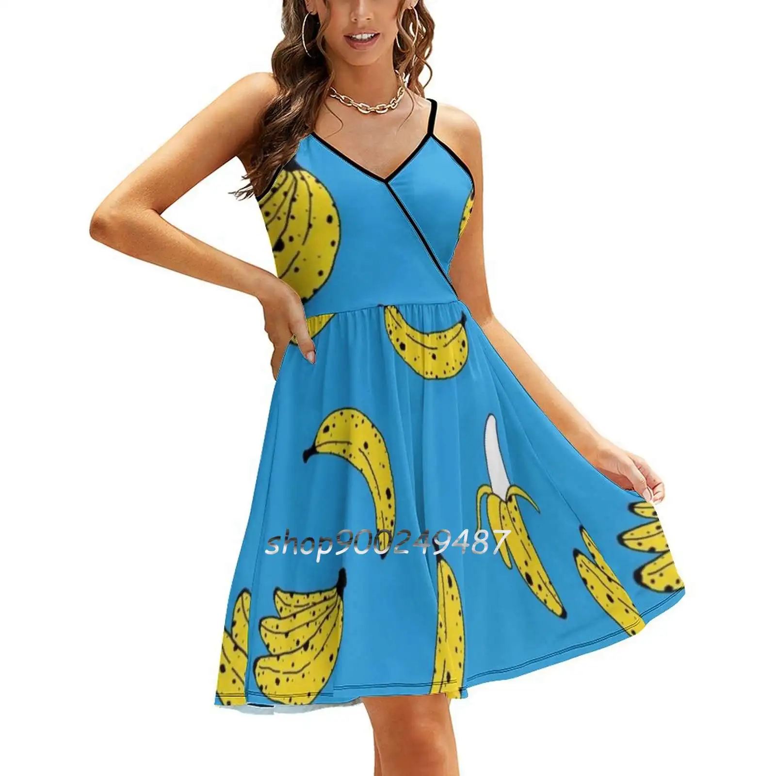 Banana Print Sweet Summer Casual Sling Dresses Korean Women Sexy Sundress Banana Fruit Yellow Potassium Potassium Boost