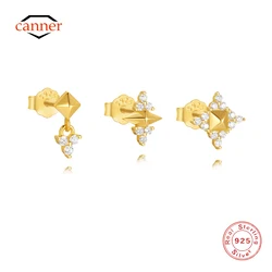 CANNER 3PCS Set 925 Sterling Silver Triangular Zircon Four Pointed Star Stud Earrings For Women Ins Rectangular Zircon Jewelry