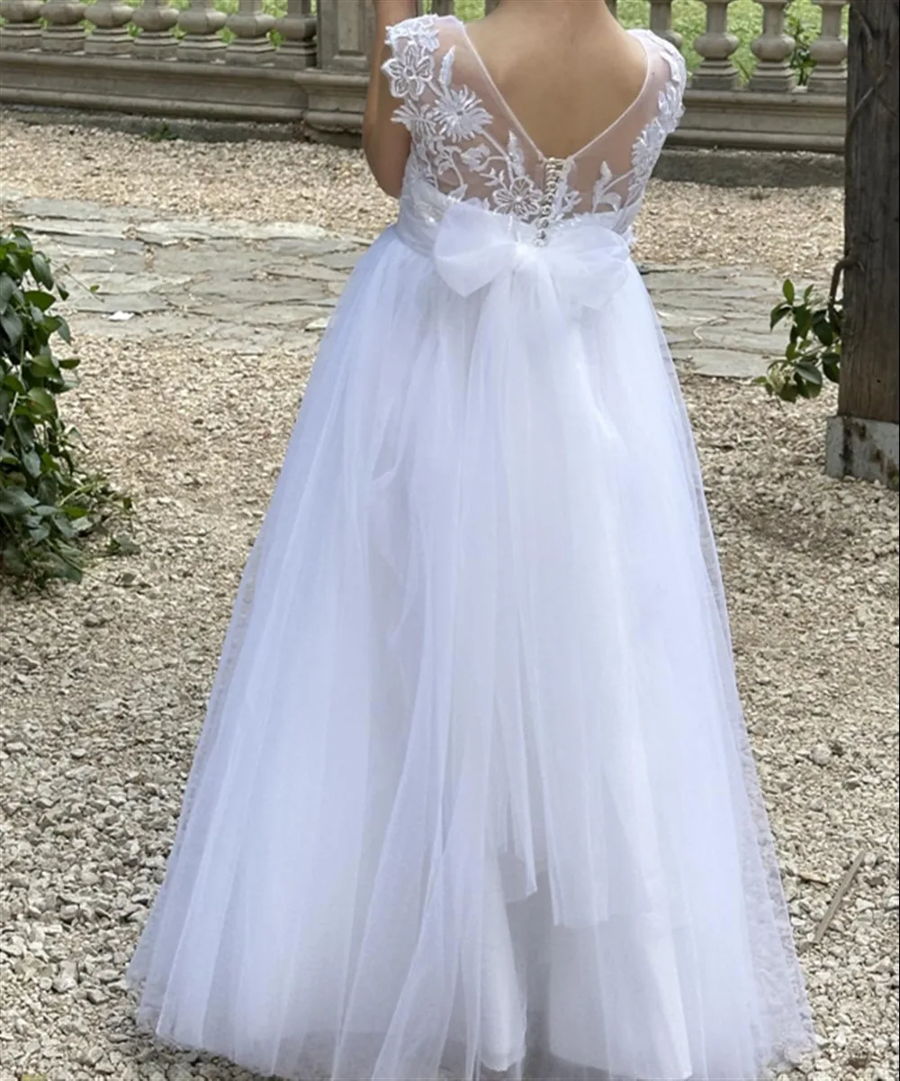 

Elegant Appliques Flower Girl Wedding Dress Sleeveless Bow V-Back Princess Birthday Party Kids First Communion Gown Customized