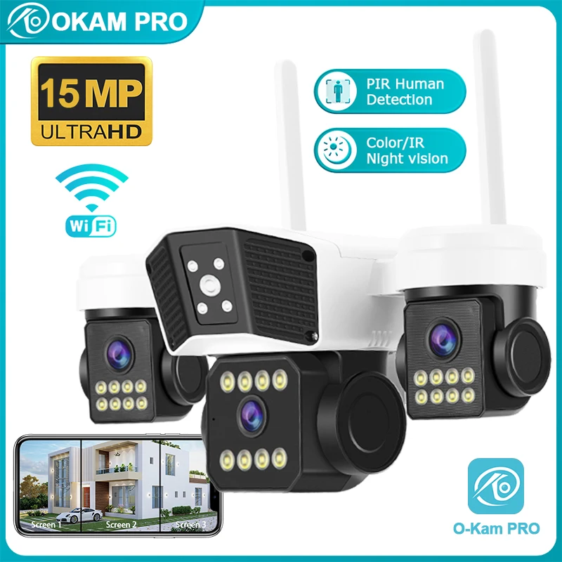 

OKAM PRO Outdoor 3 Lens 3 Screen HD 15MP WIFI Camera Mobile Tracking Two-way Intercom Color Night Vision PTZ Security Camera
