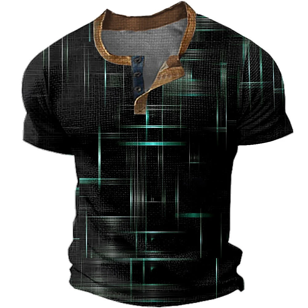 Sommer Henley-Shirts Abstrakter 3D-Druck Streetwear Herren Lässiges Oversize Kurzarm-T-Shirt mit Knopfleiste Oberteile Männerkleidung – Detail 4