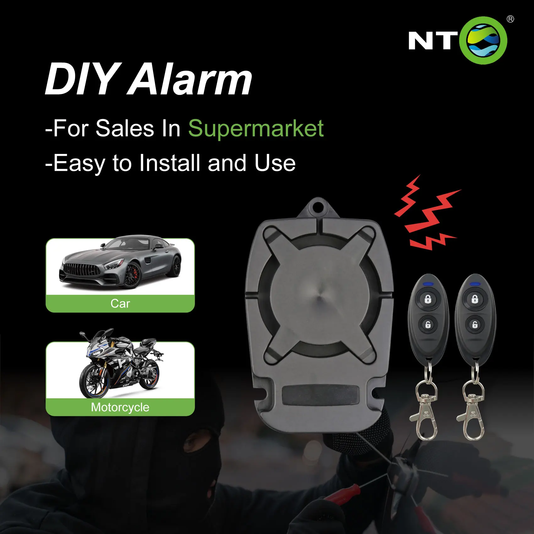 NTO Wireless Car Alarm Anti-Theft System Easy Installation Remote Control With ACC/Vibration/Trunk/Door Trigger Automotive Alarm