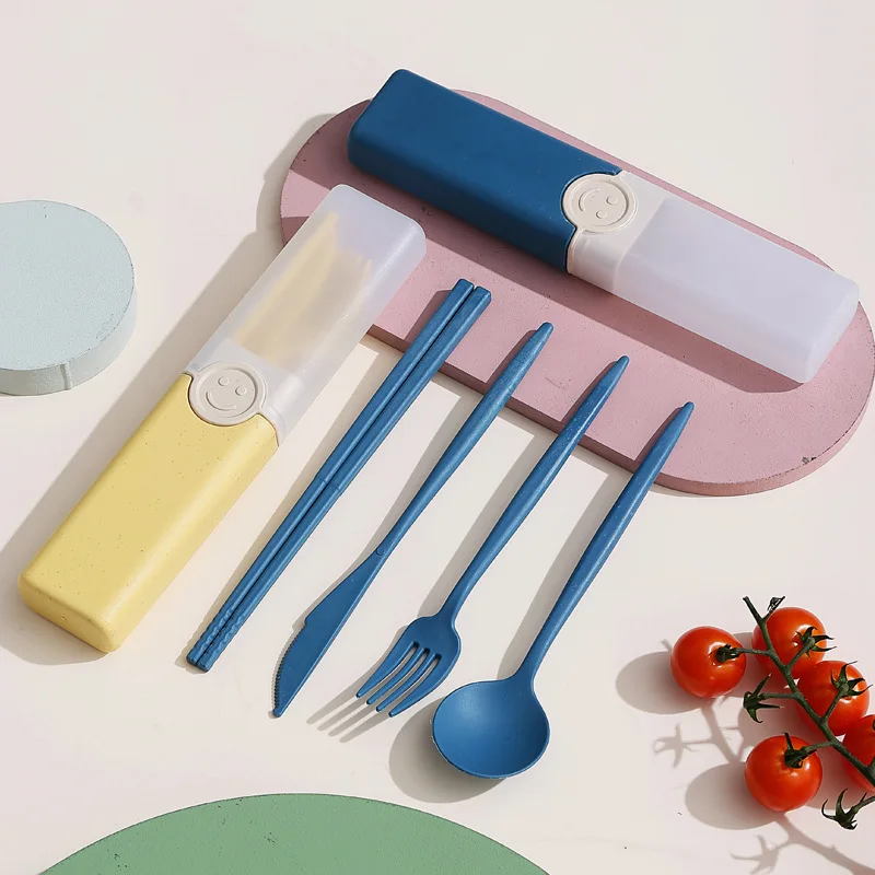 Dinnerware Set Knif Chopsticks Fork Spoon Set Student Portable Tableware Set Wheat Straw Smiling Face Cutlery Box Travel