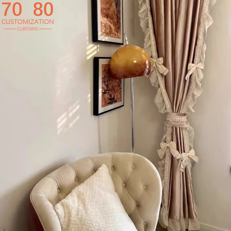 Glossy High-end Pink Velvet Ruffle Bow Girl Curtains for Living Room Bedroom Custom Lace Window Screen White Tulle
