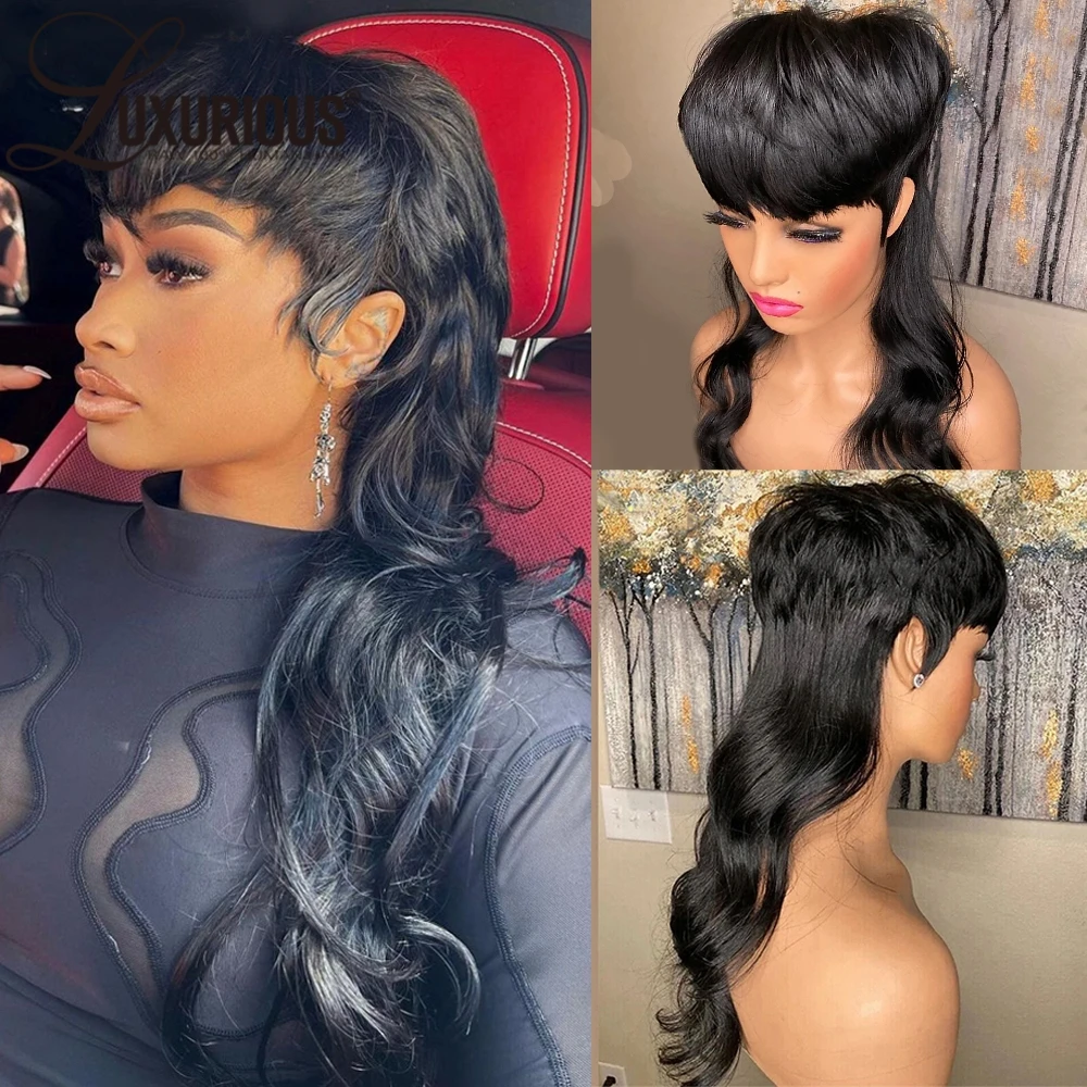 

Short Pixie Mullet Cut Wig Body Wave Brazilian Remy Human Hair Wig 150% Density Full Machine Made Bob Wig With Bangs For Women