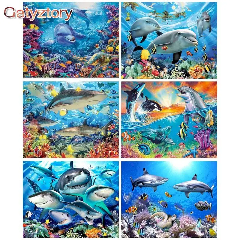 

GATYZTORY 60x75cm Frame DIY Painting By Numbers Kits Ocean Animals Hand Painted Oil Paint By Numbers For Home Decor Art