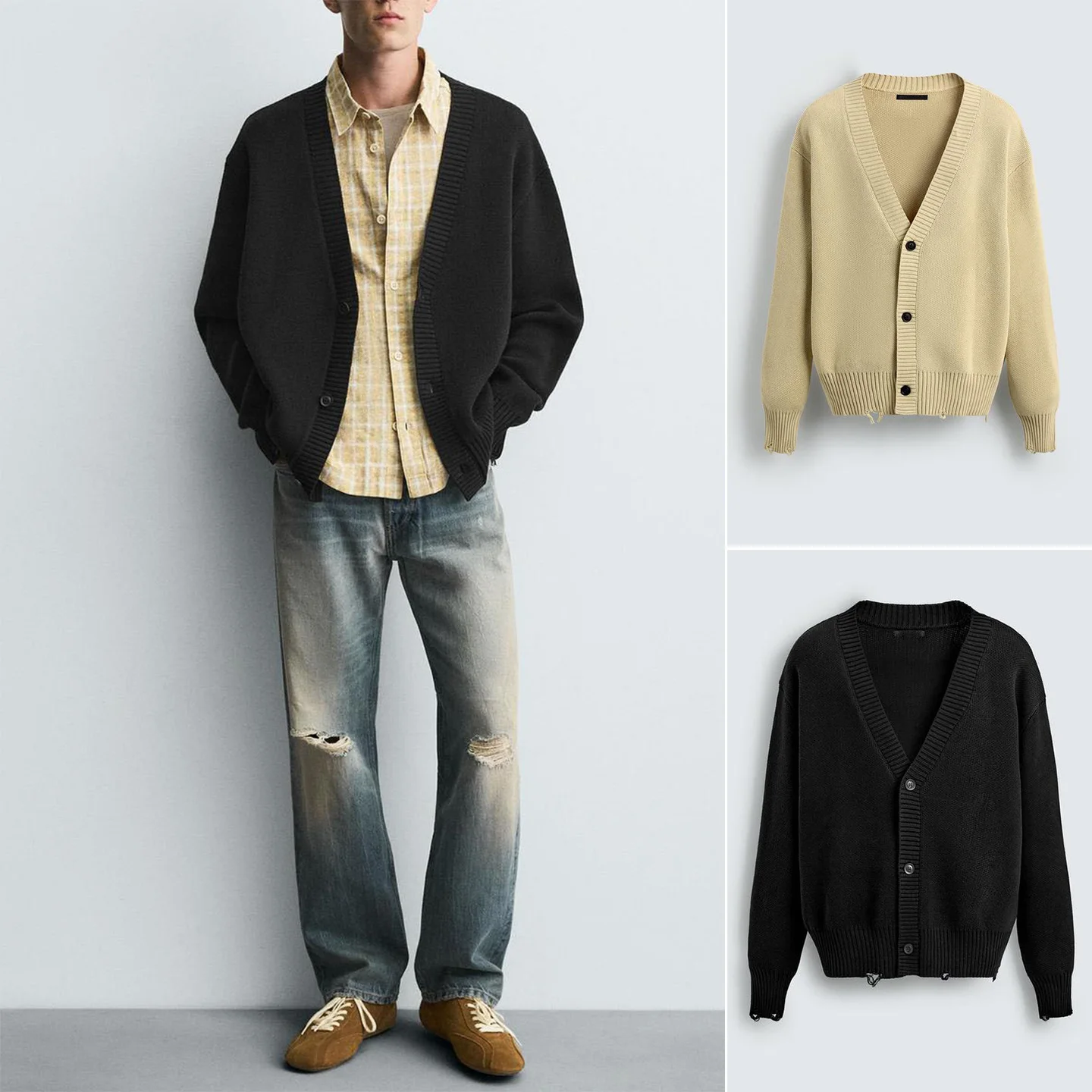 

Мужской кардиган свободного кроя с V-образным вырезом, длинными рукавами, из смесового хлопка с эффектом потертости, с добавлением полиэфирного волокна, повседневная одежда, осенняя новинка