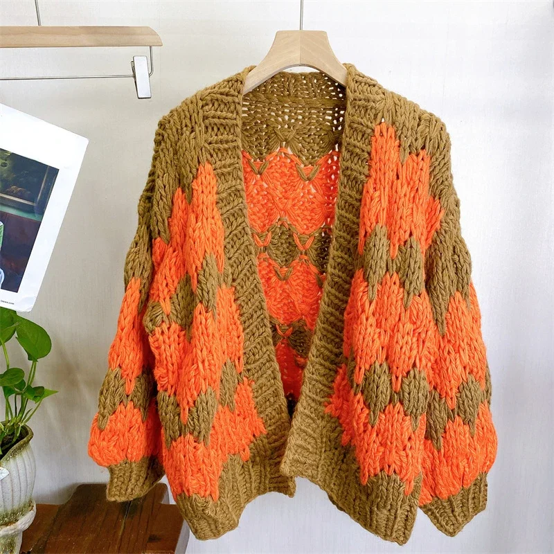 Women Color-block Wave Vintage Handmade Chunky Cardigan 2023 Autumn Winter New In Women Clothes