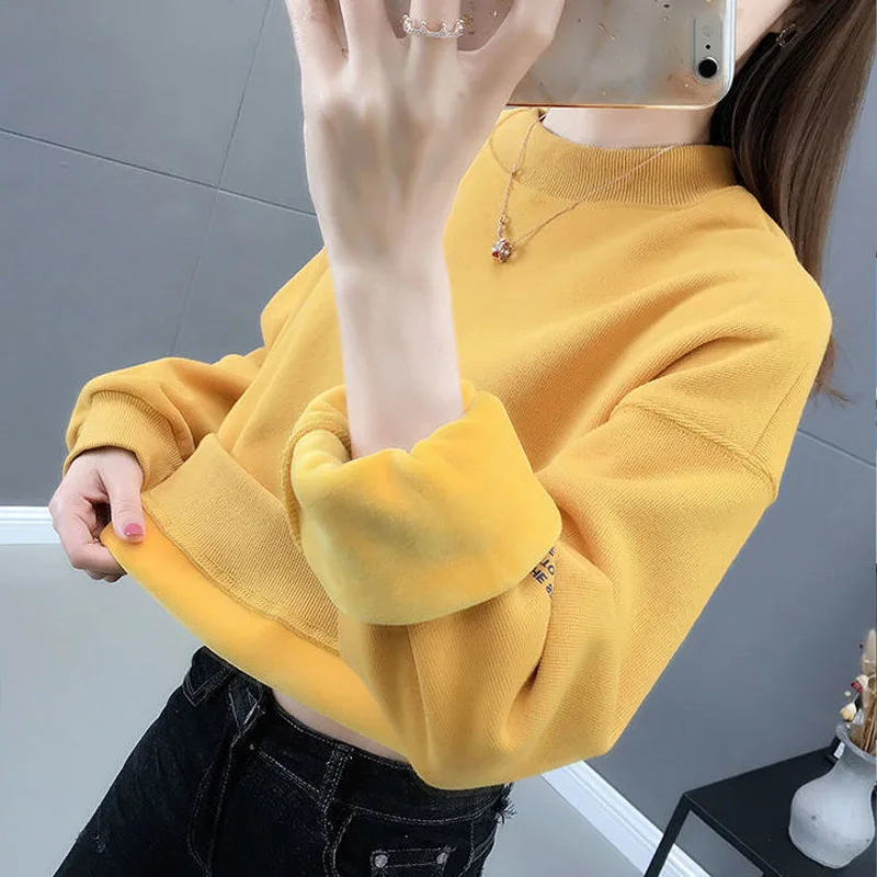 Solid Color Printing Letter Short Sweatshirts Women High-quality Long Sleeve Plush and Thicken Autumn Winter All-match Top 2022