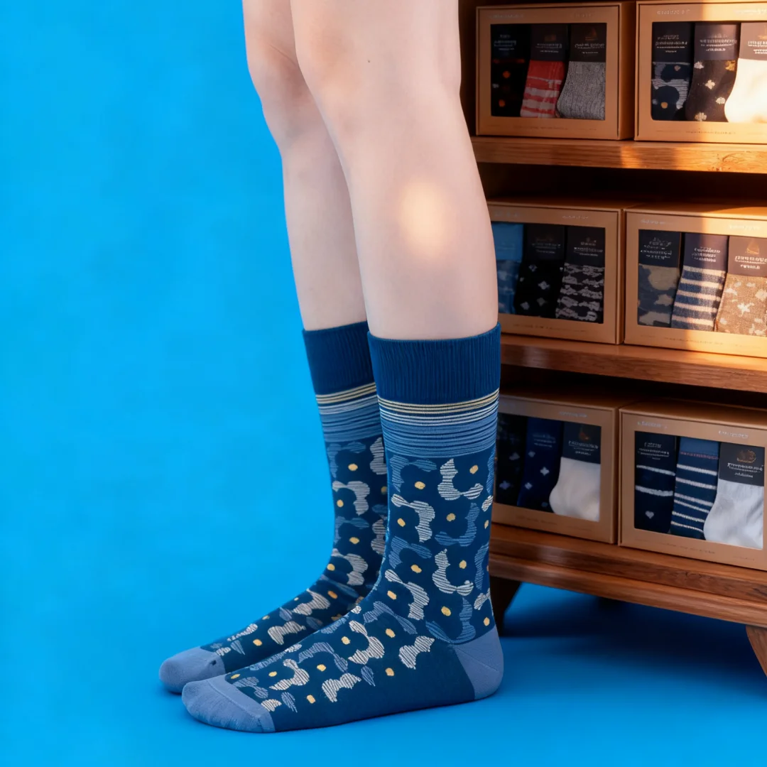 زوج واحد من الجوارب النسائية الأنيقة بنمط الأزهار لمنتصف الساق، عصرية وفريدة من نوعها، مثالية لجميع المواسم