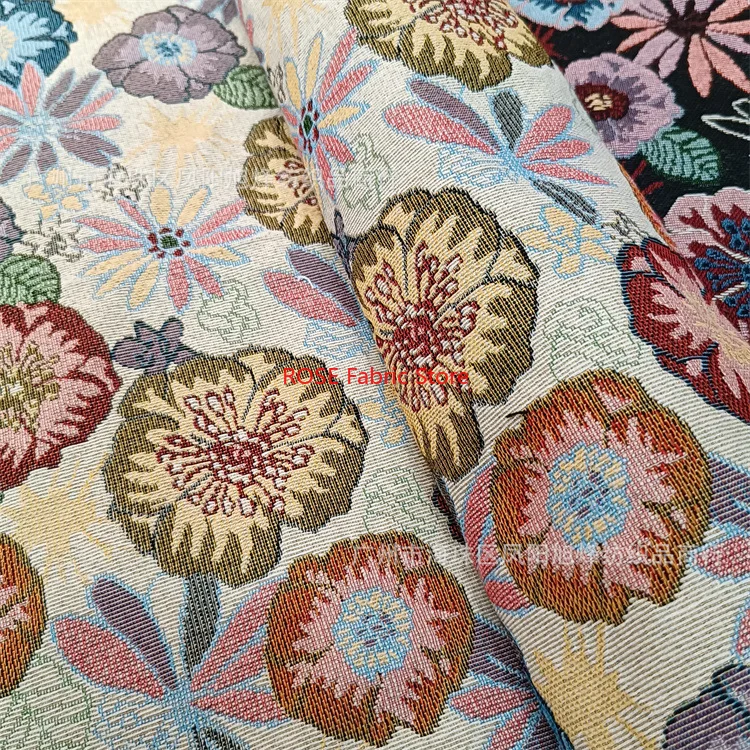 Retro colorful flower jacquard fabric for girls dresses, coats, designer fabrics, bags, tablecloths, hats DIY fabric 1 meter