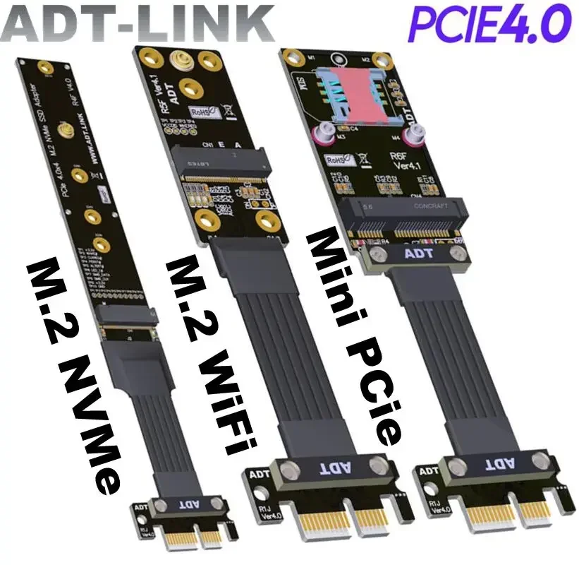 

ADT M.2 NVMe / M.2 WiFi / Mini PCI-E SSD Riser Card to PCIe 4.0 x1 Riser Ribbon Adapter M-Key A.E Key NGFF mPCIe M2 For Extender