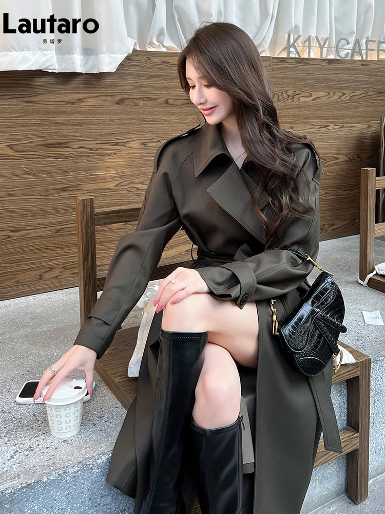 Lautaro Spring Autumn Long Trench Coat for Women with Belt Raglan Sleeve Elegant High Quality Chic Luxury Designer Clothing 2026