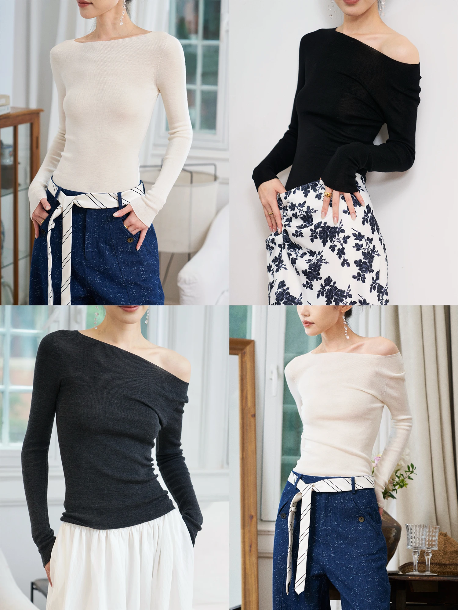 

JXuBIELLA 00% Wool Knitted Base irt Inner Wear 8 Needle One oulder hine Waable Women's Soft Casual Sle Long S...