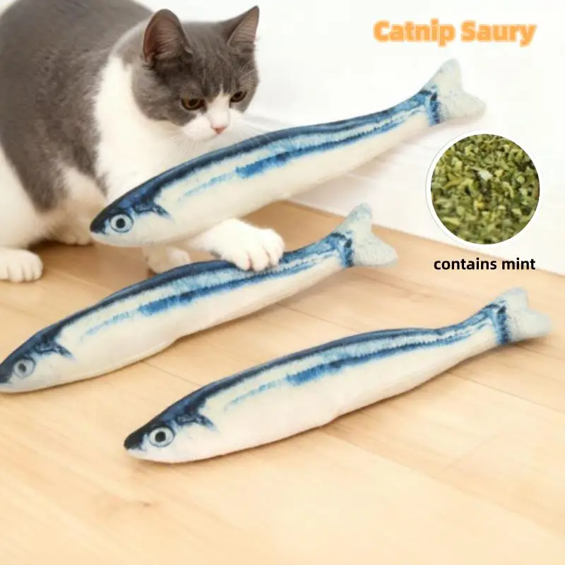

Cat Toy Interactive Teaser Toy Plush Saury Fish Design Bite Proof Mint Scented Self Play Fun Boredom Eliminator for House Cats