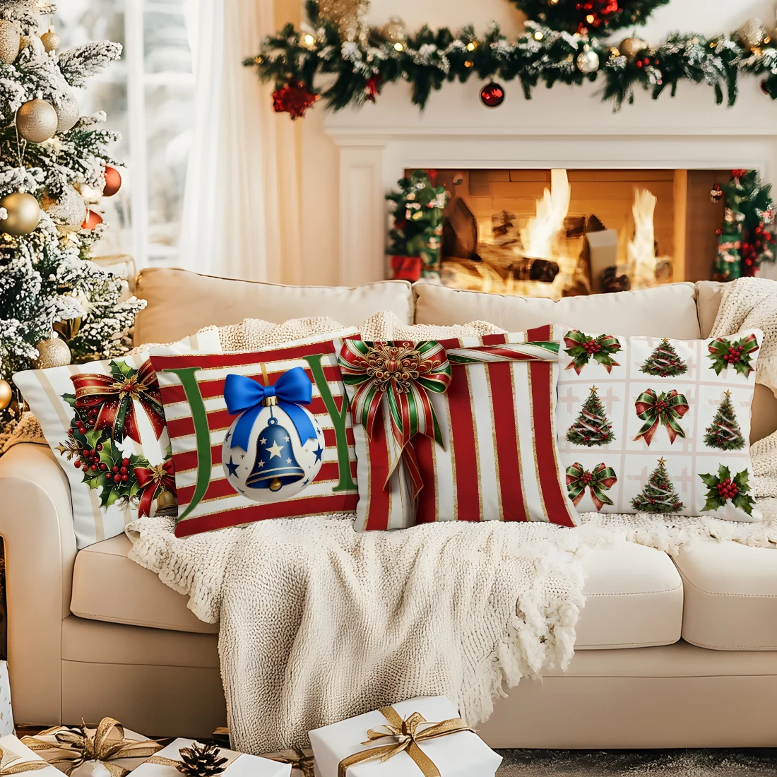 

Christmas Bow Decoration Pillowcase Printed Polyester 45x45cm Throw Pillowcover Decorative Sofa Cushion Pillowslip Home Decor