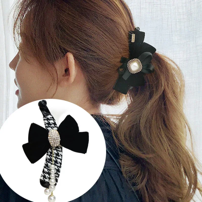 Fashion New Vertical Tassel Rhinestone Bows Hairclip Korean Accessories Cheveux  Houndstooth Banana Clip with Velvet Fabric