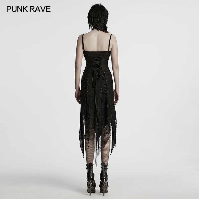 PUNK RAVE Women's Goth Irregular Sharp Split Dress Gothic Beauty Side Lace Ties Eyelets Staggered Design Club Black Sexy Dresses