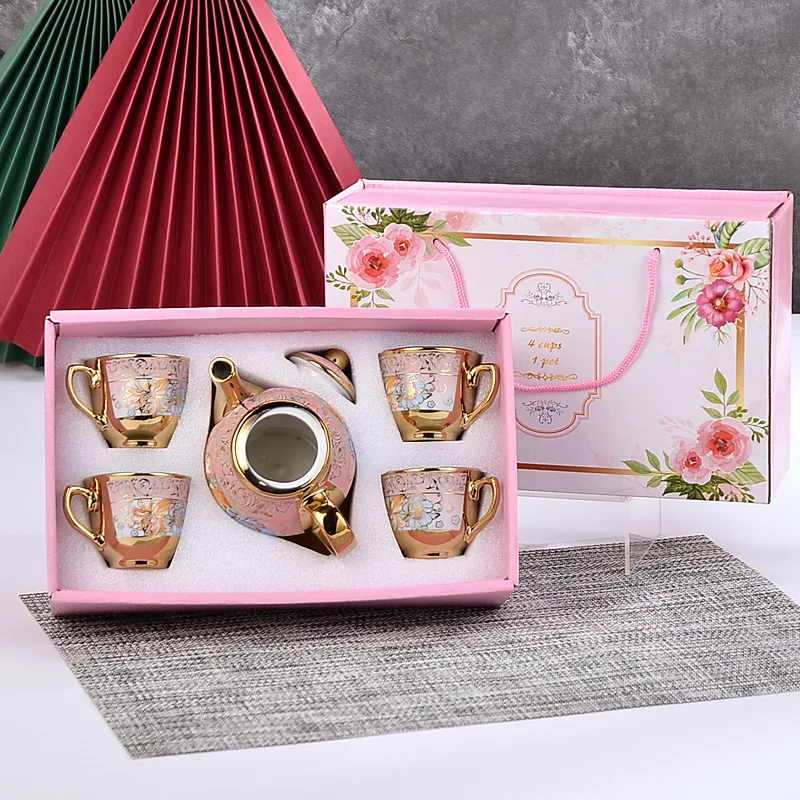 European Style Plated Ceramic Tea Set Gold Coffee Cup Plate Sales Gift Ceramic Cup Pot Set LOO Creative Pattern Short Sleeve