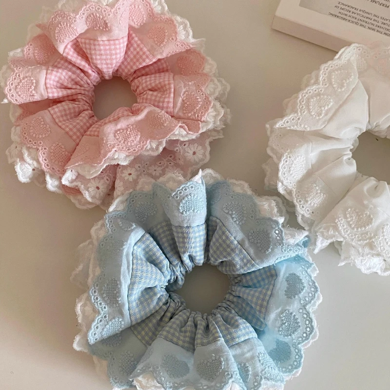 

Кремовая повязка для волос, синяя кружевная клетчатая многослойная повязка для волос, веревка для волос, повязка для волос, повязка для волос с бутоном одежды, нишевое универсальное кольцо для волос